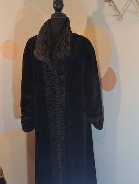 Black Faux Fur Long Pea Coat with Textured Collar
